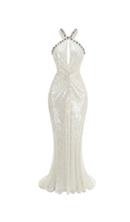 Flowering Girl Women Elsa Crystal Embellished Sequin Maxi Dress In White