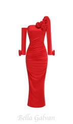 Flowering Girl Women off-shoulder flower embellished Gathered maxi Dress in red