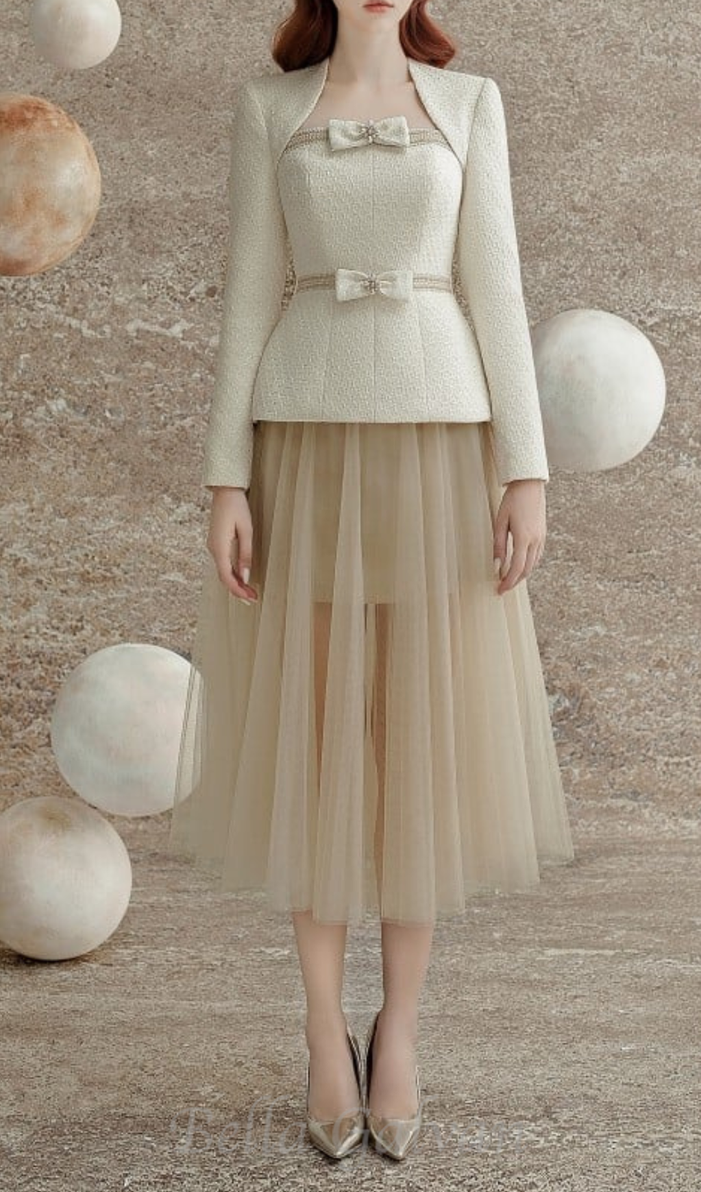 Flowering Girl Women tweed jacket tulle skirt suit in apricot