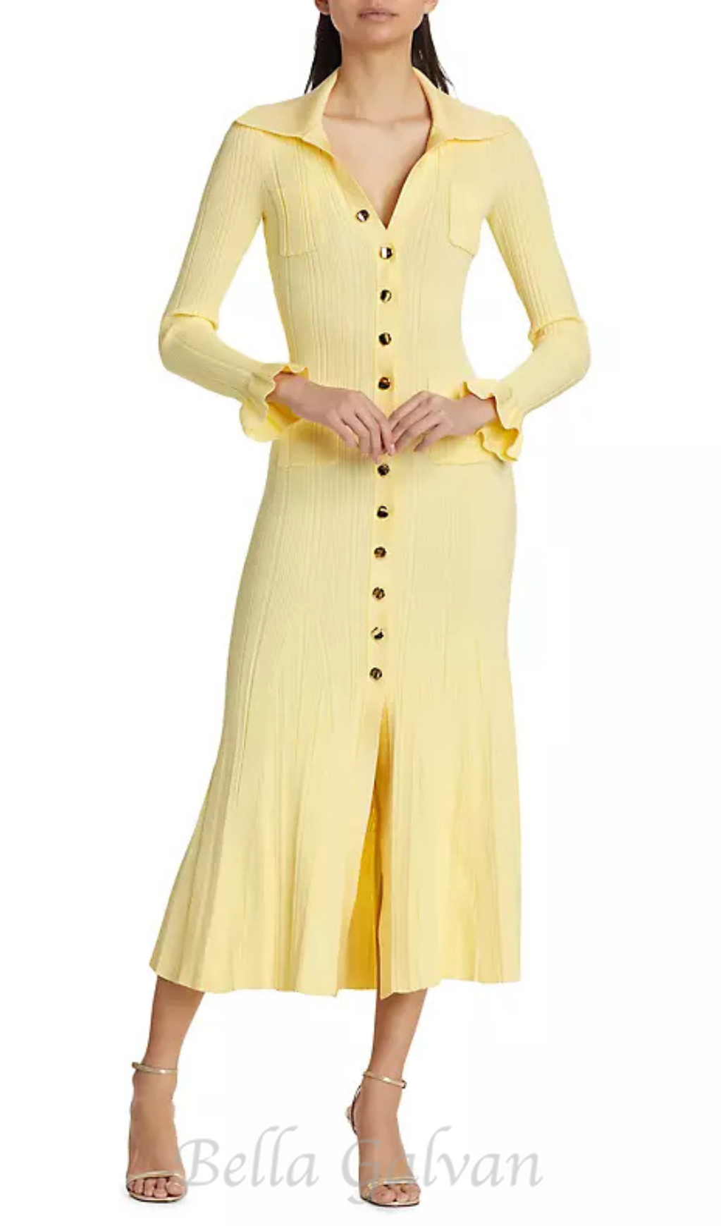 Flowering Girl Women Rib-Knit Fluted Midi Shirt dress in yellow