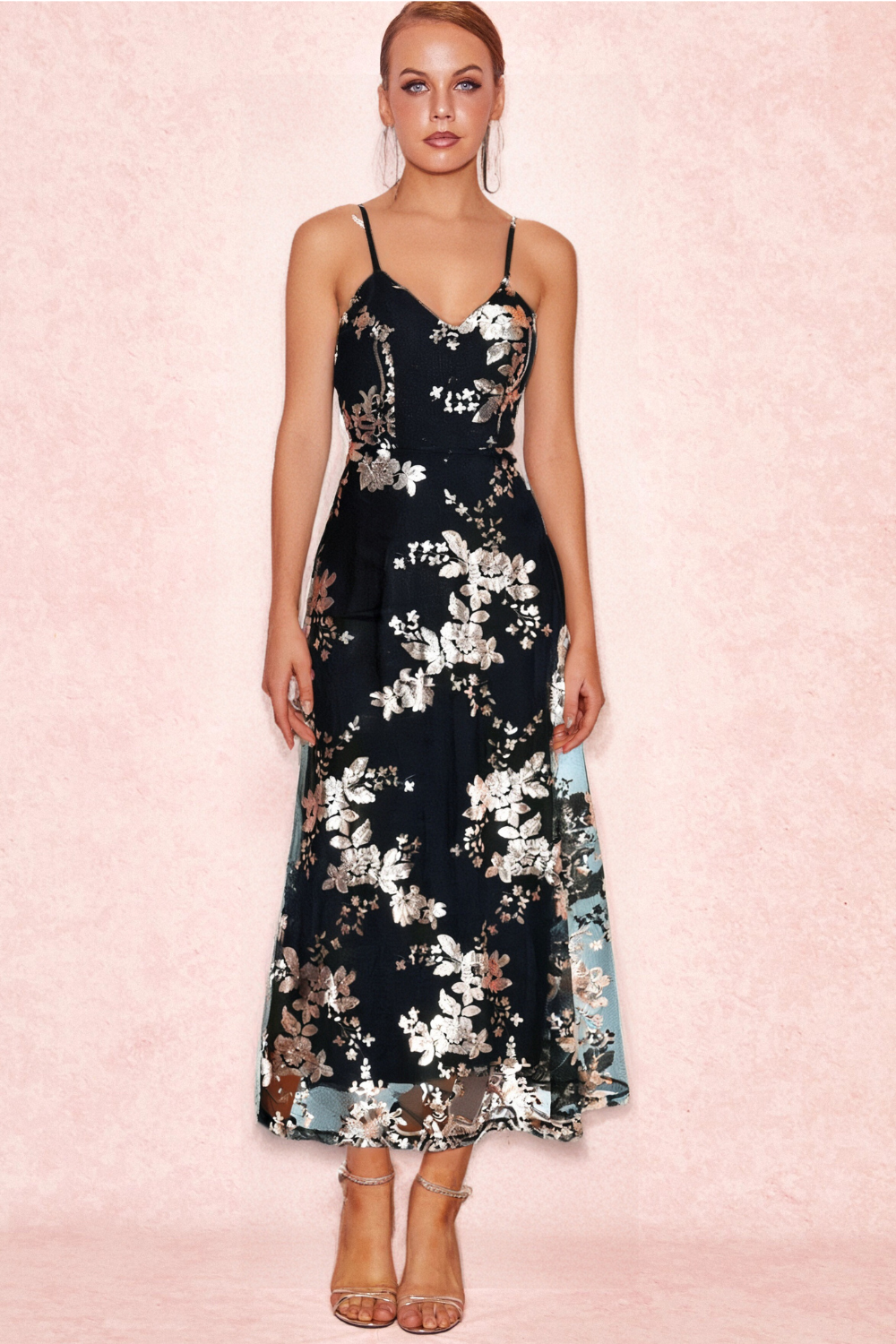 Flowering Girl Women Black Sequin Flower Mesh Dress