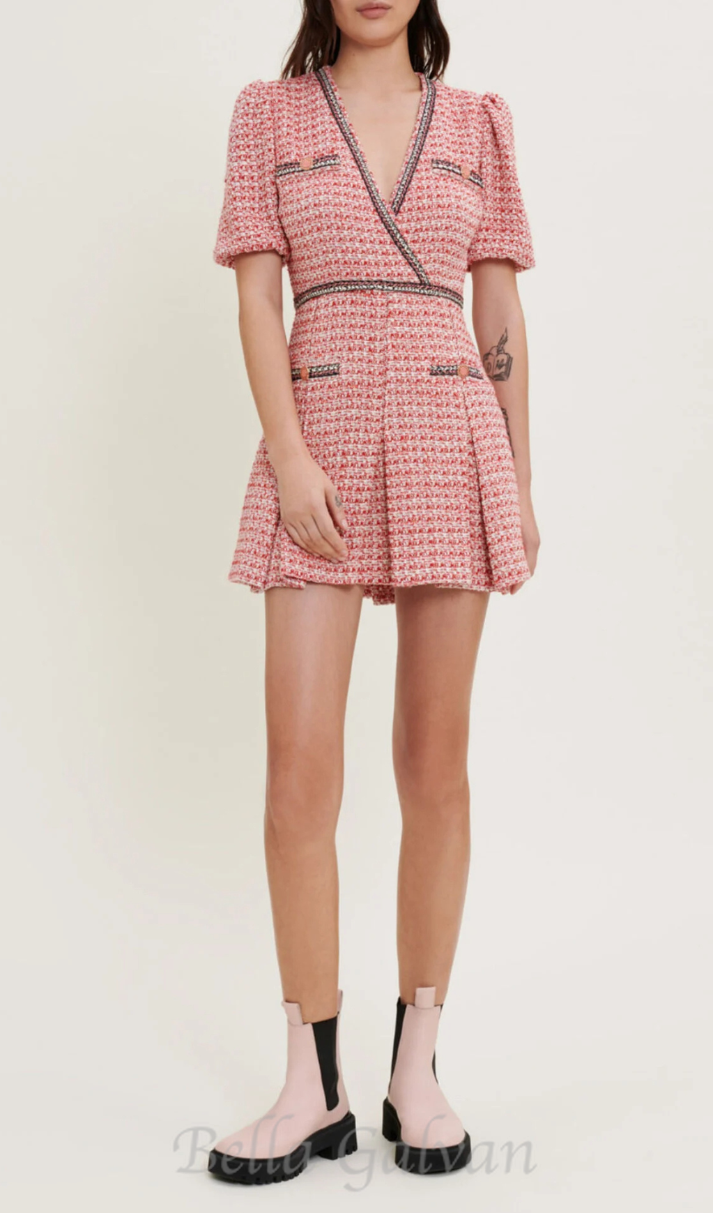 Flowering Girl Women Tweed dress with ethnic trim in pink