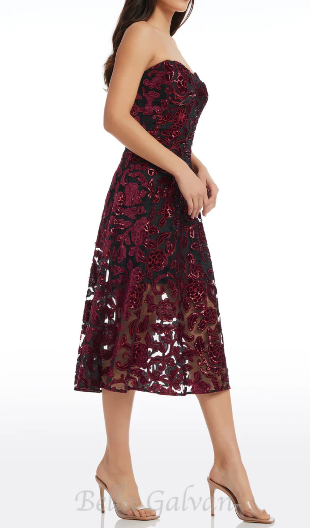 Flowering Girl Women floral print strapless bustier midi dress in burgundy