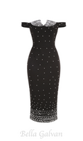 Flowering Girl Women pearl polka dots embellished midi dress in black