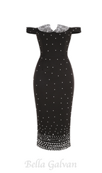 Flowering Girl Women pearl polka dots embellished midi dress in black