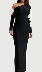 Flowering Girl Women One Shoulder flower embellished Cutout Bandage Maxi Dress in black