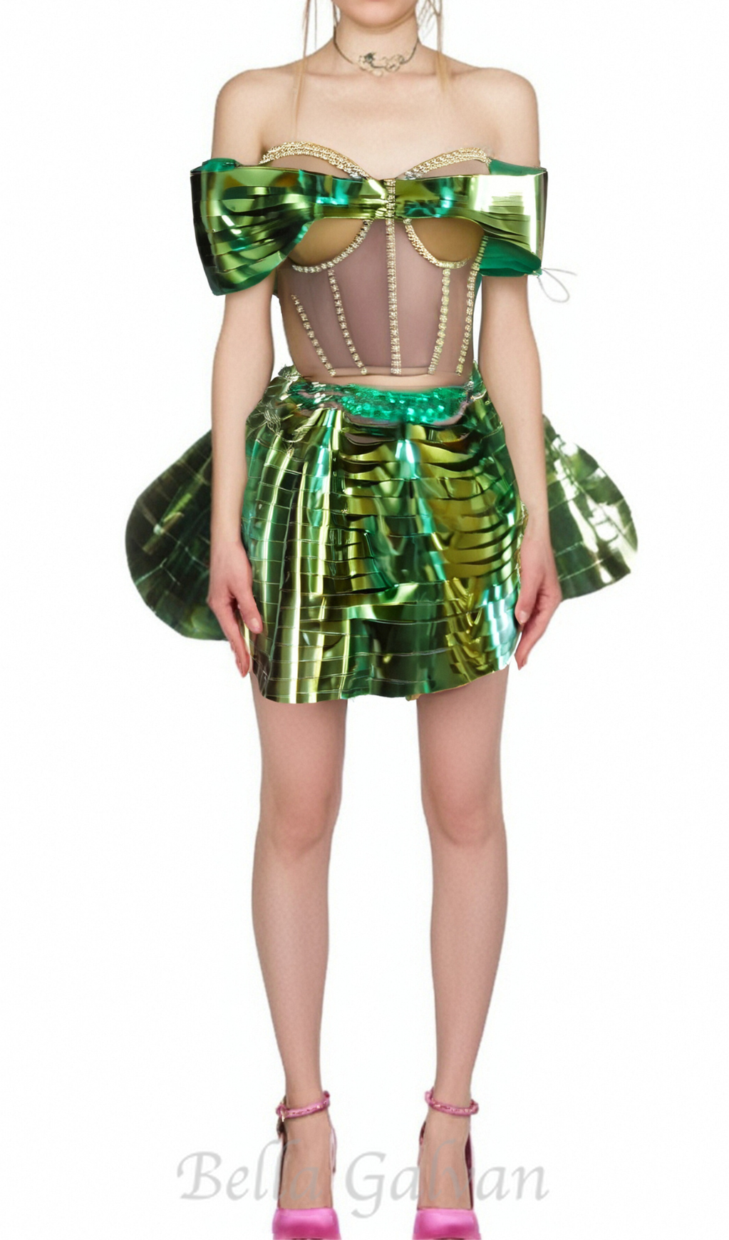 Flowering Girl Women Crystal Metallic Skirt Set In Green