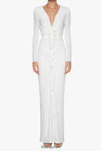 Flowering Girl Women elsa V Neck Flower Ruched maxi Dress in white