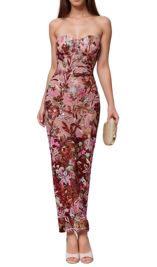 Flowering Girl Women arabela CHACHI RED STRAPLESS FLOWER EMBROIDERY MAXI DRESS