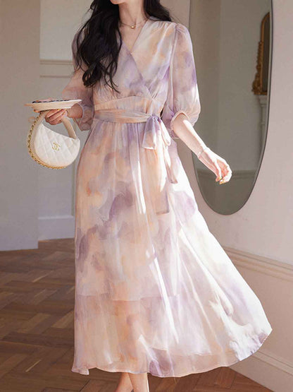 phoenix Classic V-Neck Floral Printed Tie Dress