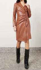 Flowering Girl Women notch lapel leather blazer dress in brown