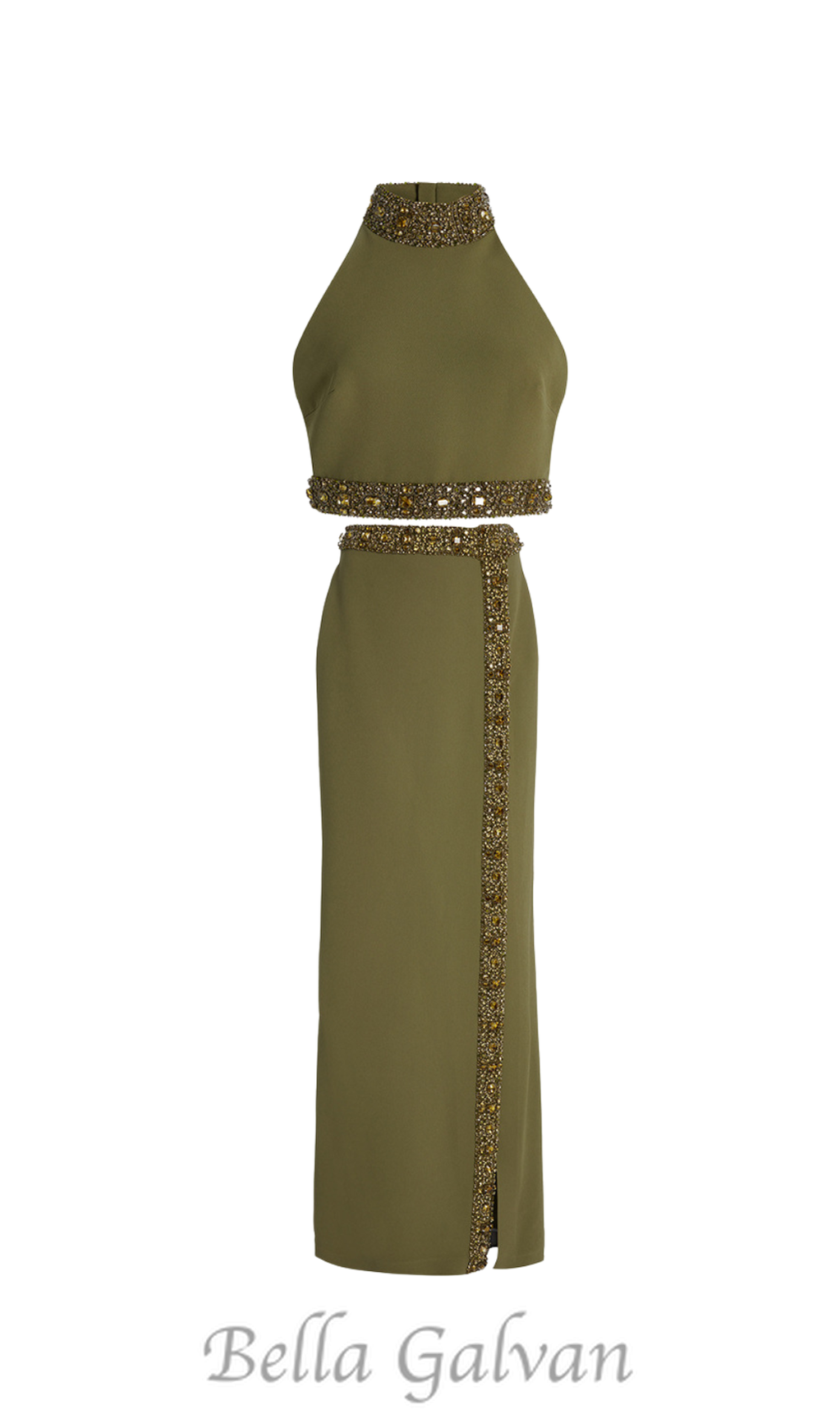 Flowering Girl Women beaded diamond halter top slit skirt suit in green