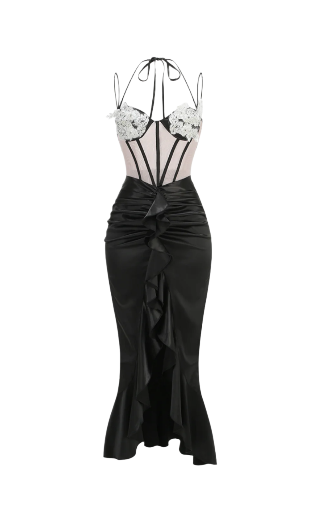 Flowering Girl Women Beulah Black Satin Corset Sequin Wing Cup Dress
