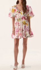 Flowering Girl Women vanessa puff sleeve collage fleur mini dress