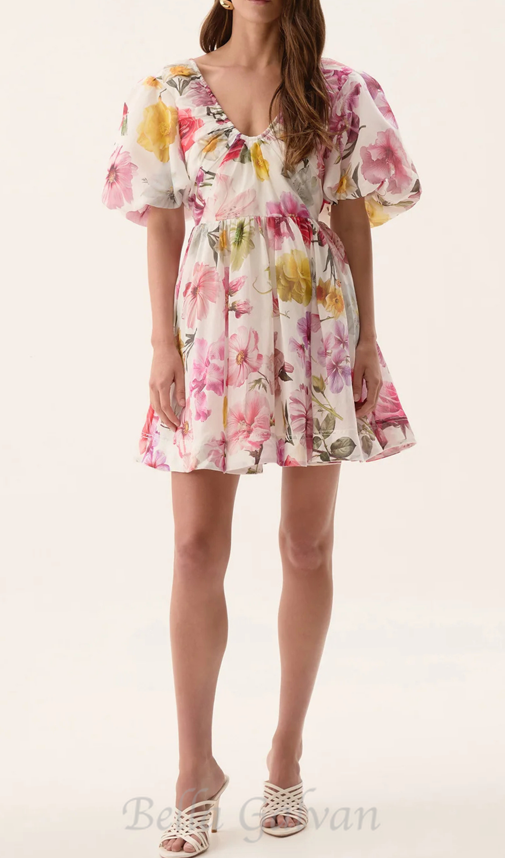 vanessa puff sleeve collage fleur mini dress