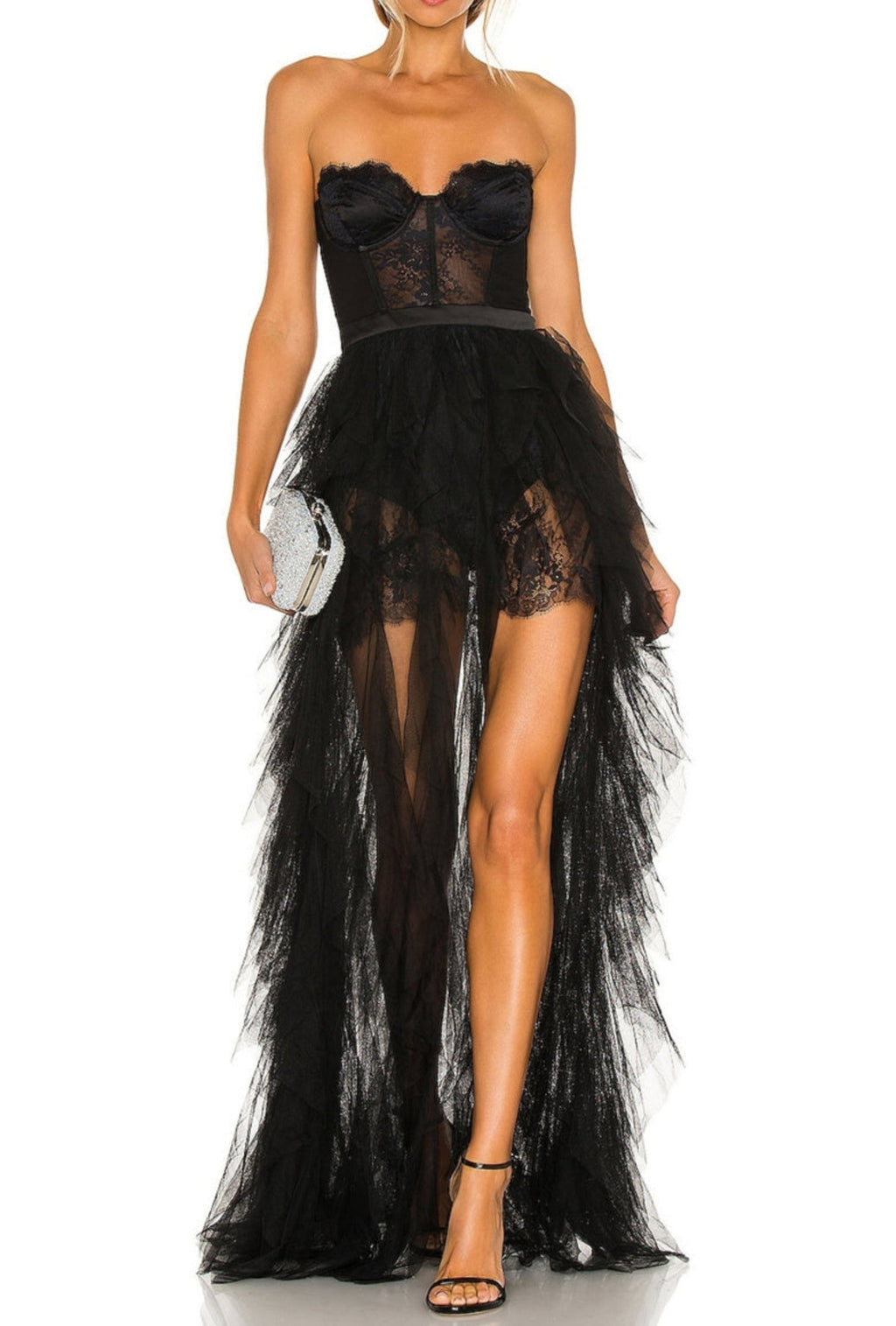 Flowering Girl Women Black Strapless Lace Patchwork Mesh Maxi Dress