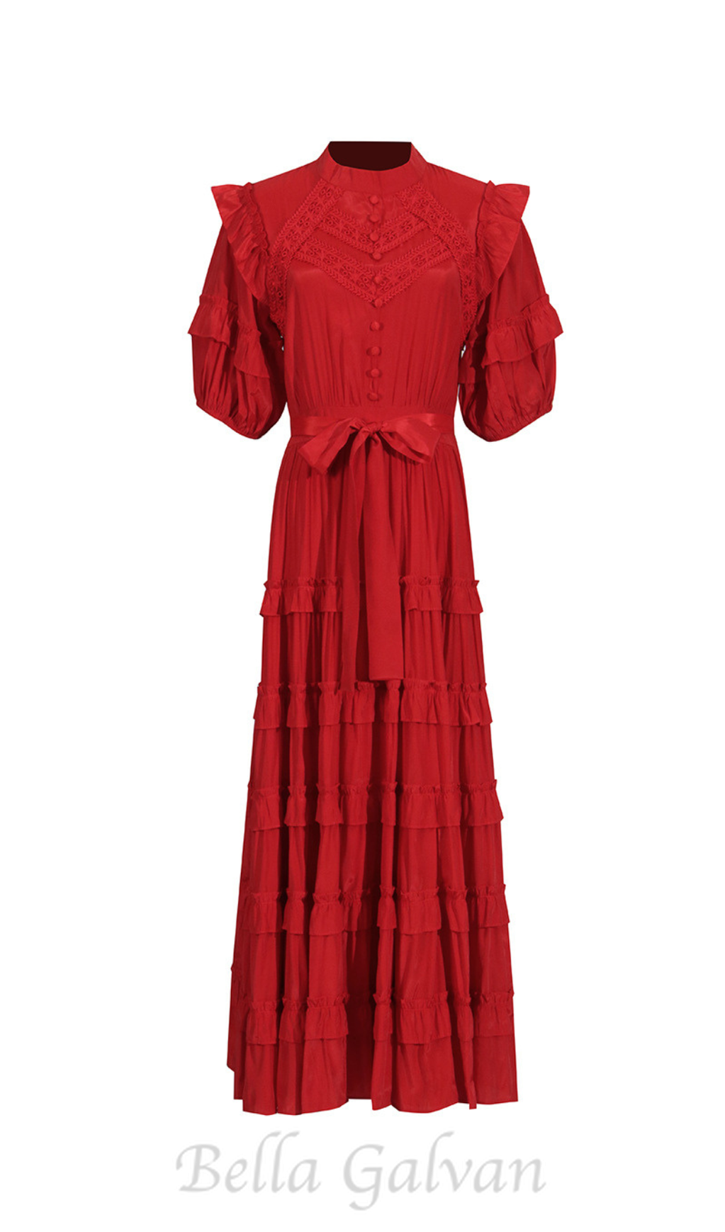 Flowering Girl Women Lace ruffle trim layer midi dress in red