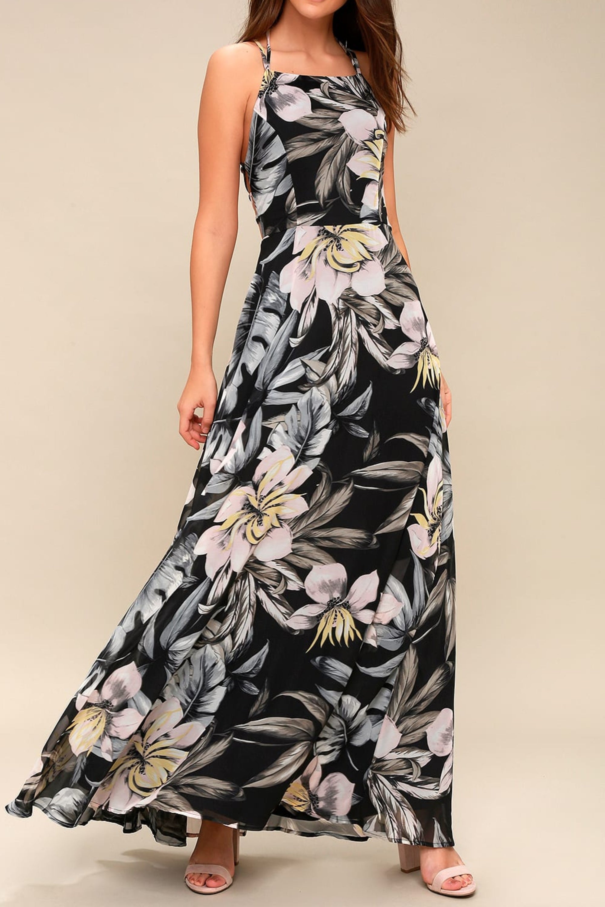 Flowering Girl Women Black Floral Print Lace-Up Maxi Dress
