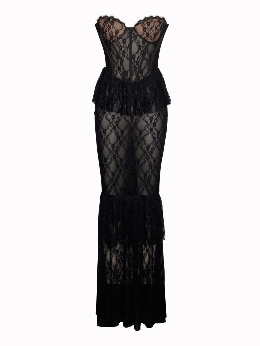 zenobia Black Lace strapless Corset Maxi Dress