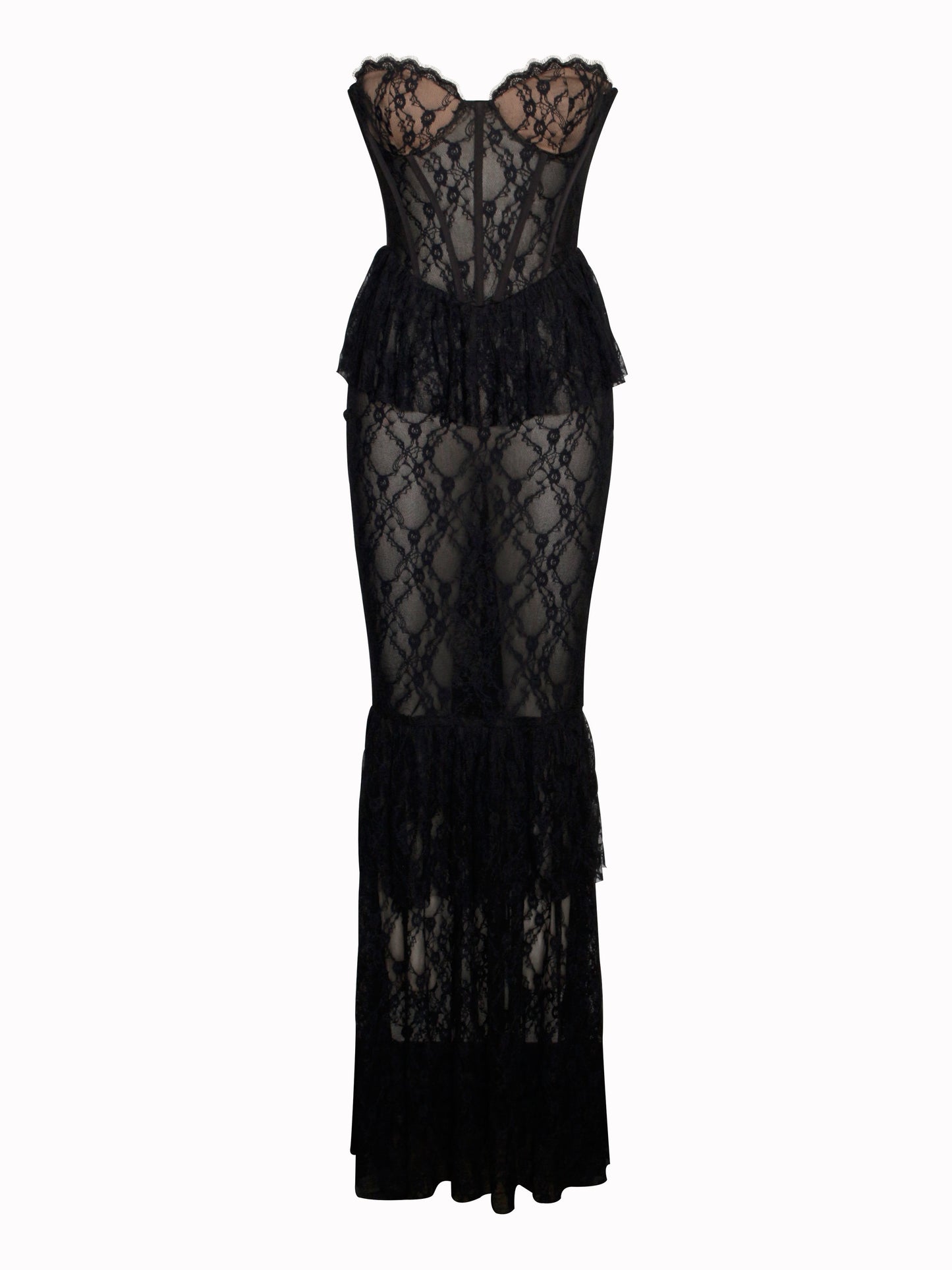 zenobia Black Lace strapless Corset Maxi Dress