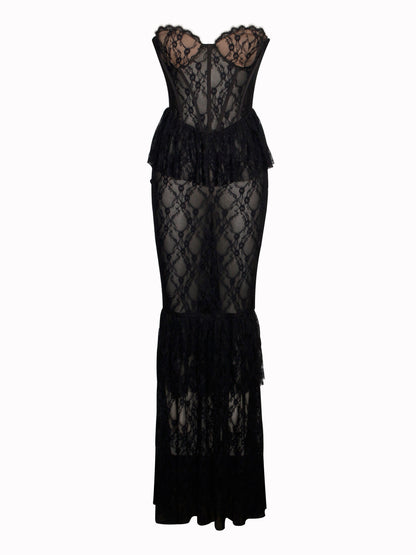 zenobia Black Lace strapless Corset Maxi Dress