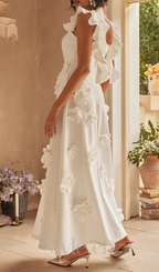 Flowering Girl Women Flower Ruffle Trim Strap Midi Dress In White
