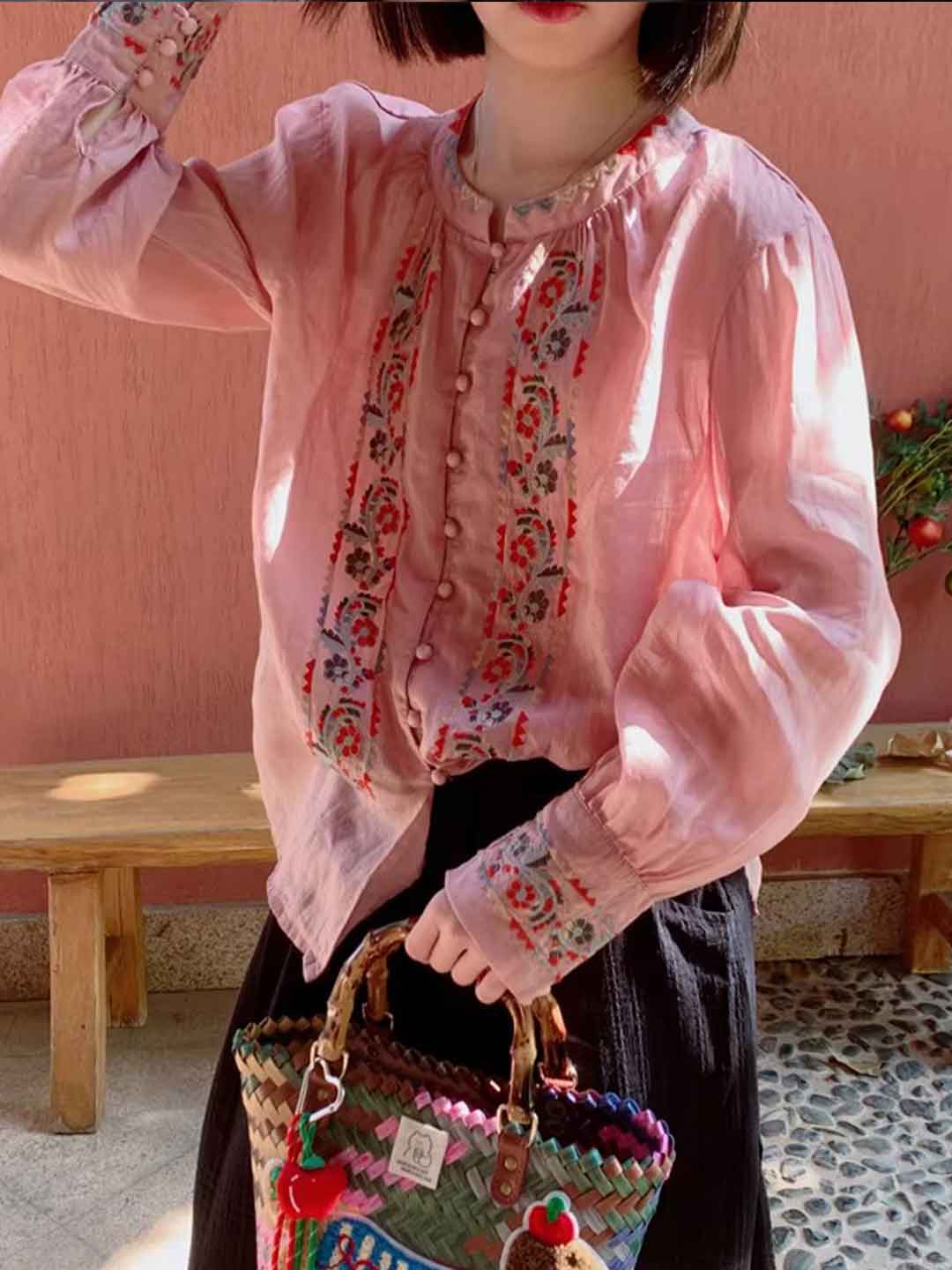 trista Loose Crew Neck Lantern Sleeve Embroidered Top