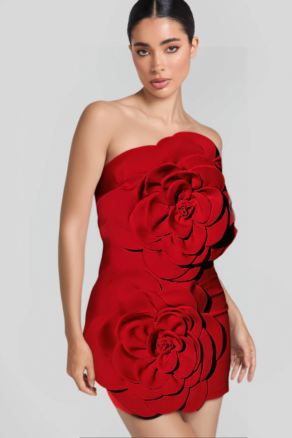 Flowering Girl Women STRAPLESS FLOWER MINI DRESS IN RED