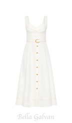 Flowering Girl Women sweetheart neckline belted midi dress in ivory