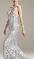 Flowering Girl Women BARBARA HALTER SEQUIN MAXI DRESS IN SILVER