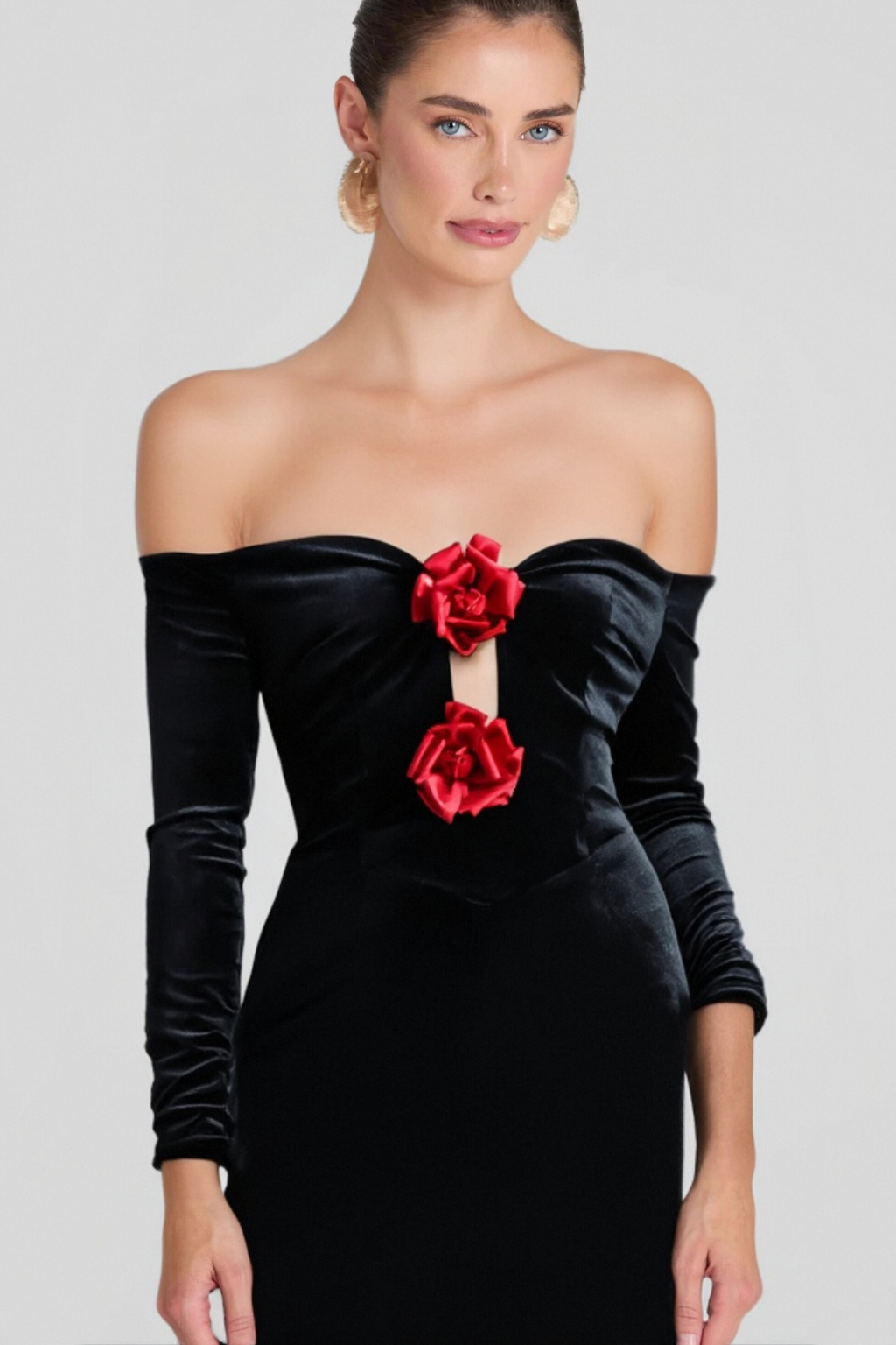 Flowering Girl Women Zanna Off Shoulders Flowers Velvet Maxi Dress In Black