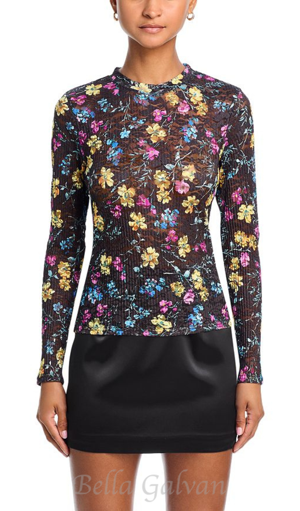 Flowering Girl Women Floral Puckered Lace Top in black multi