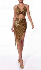 Meldor Halterneck Sequin Leopard Skirt Set
