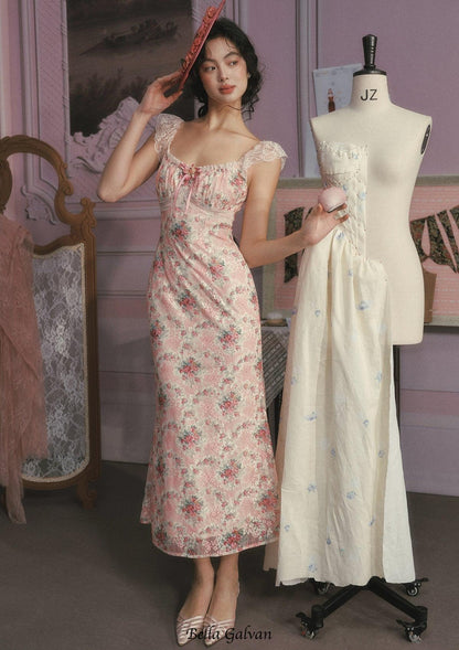 julie floral print lace trim midi dress - pink