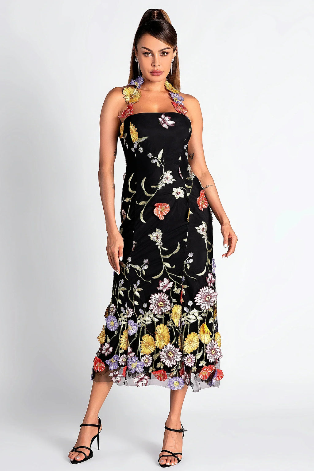Flowering Girl Women Halter Embroider Floral Midi Dress In Black