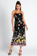 Flowering Girl Women Halter Embroider Floral Midi Dress In Black