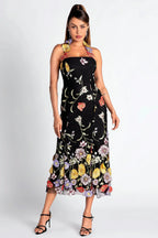 Flowering Girl Women Halter Embroider Floral Midi Dress In Black