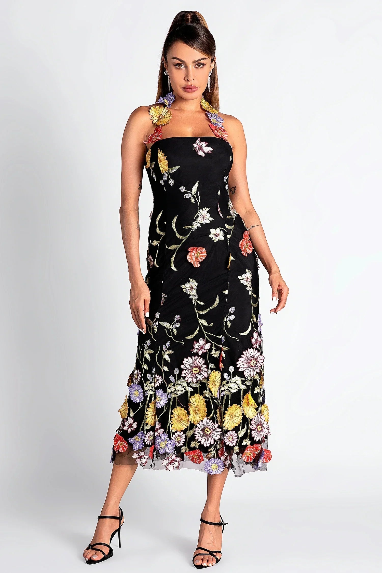 Flowering Girl Women Halter Embroider Floral Midi Dress In Black