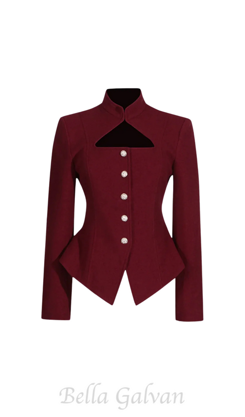 Flowering Girl Women Aymee Cutout Button Blazer in burgundy