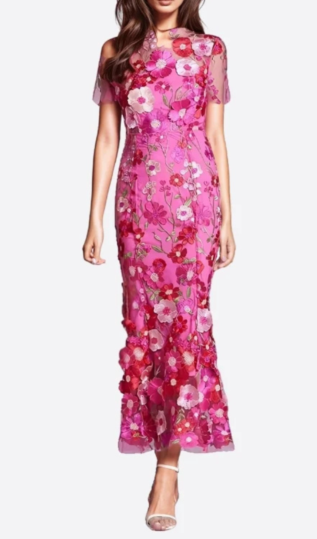 Flowering Girl Women CAROL ROSE RED FLORAL EMBROIDERY MESH FISHTAIL MIDI DRESS