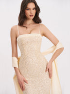 Raizel Gold Beaded Sequin Bodycon Gown With Scarf