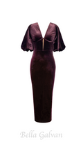 Flowering Girl Women lantern sleeve velvet maxi dress in burgundy