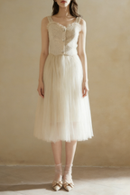Beige Sleeveless Tulle Midi Dress