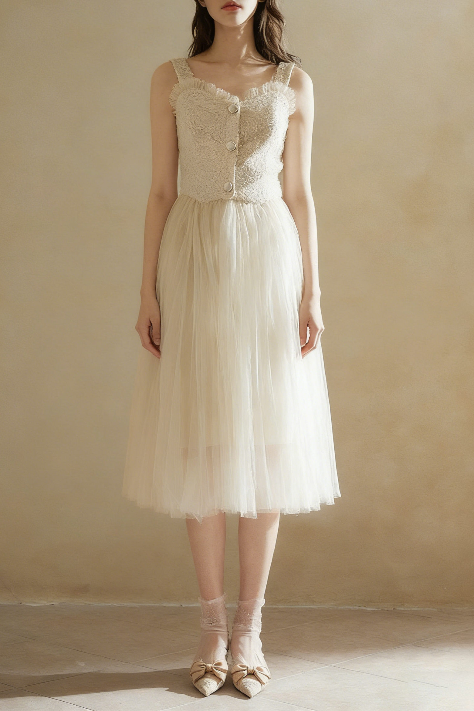 Beige Sleeveless Tulle Midi Dress