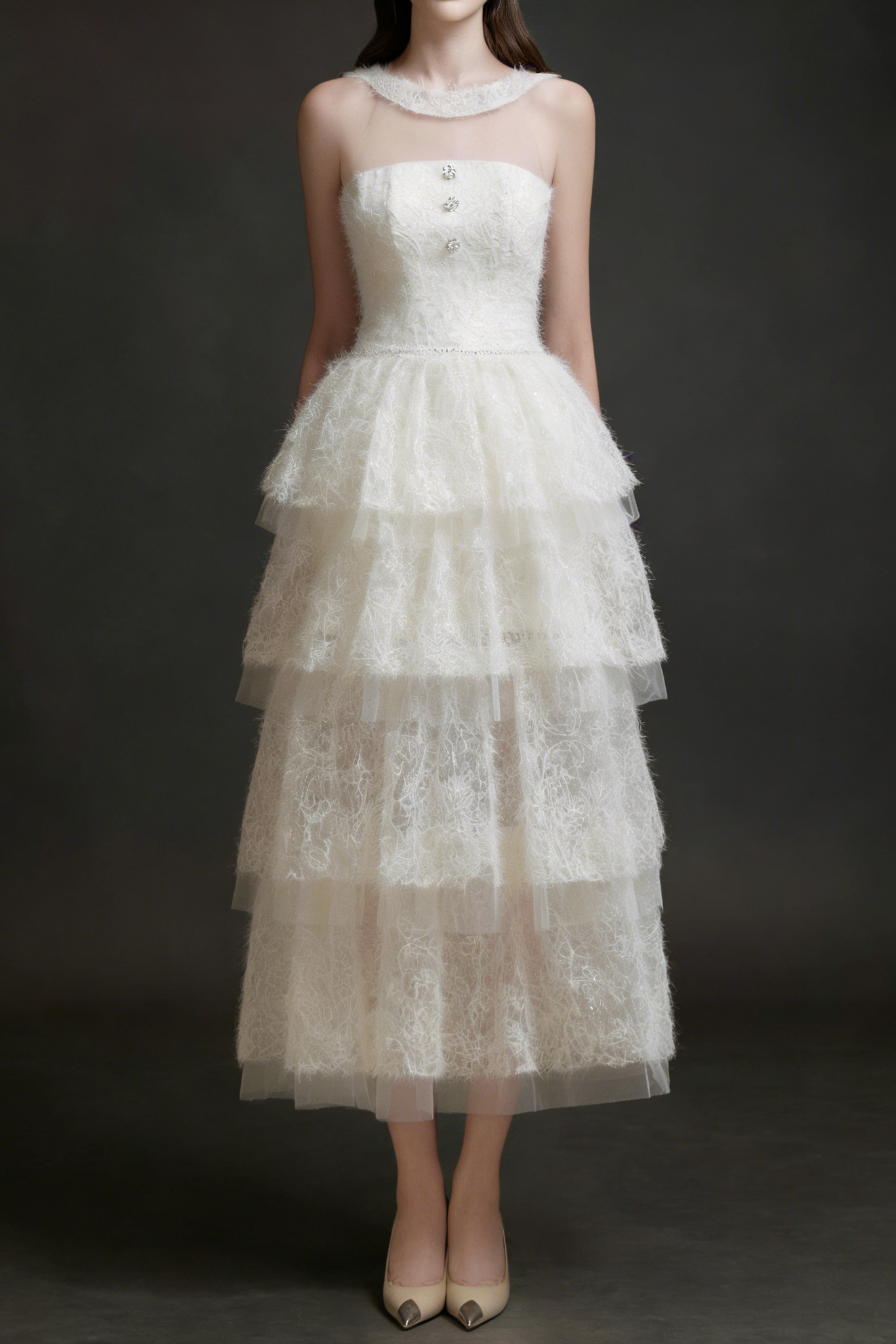 Flowering Girl Women Alison Mesh Stitching Layer Dress In White