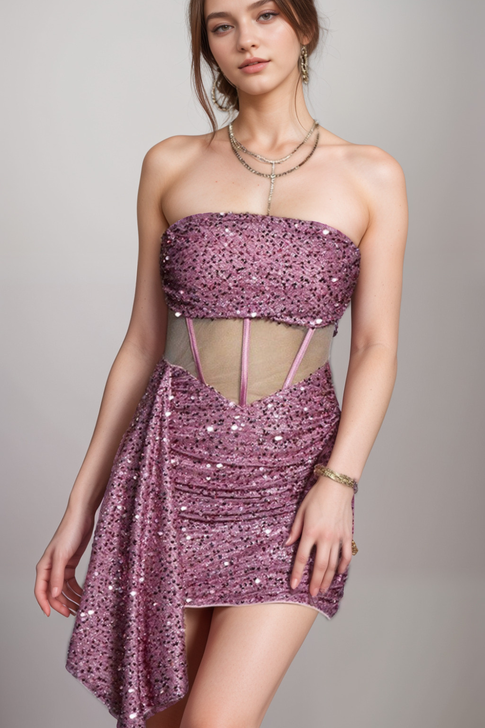 Flowering Girl Women Sequin Mesh Ruched Mini Dress