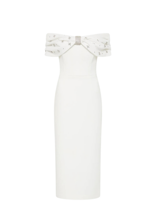 Flowering Girl Women beulah Off-shoulder beaded diamond midi dress in white
