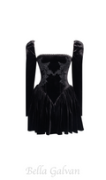 Flowering Girl Women Yolanda Black Velvet Long Sleeve Mini Dress with Lace Trim