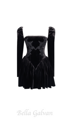 Flowering Girl Women Yolanda Black Velvet Long Sleeve Mini Dress with Lace Trim