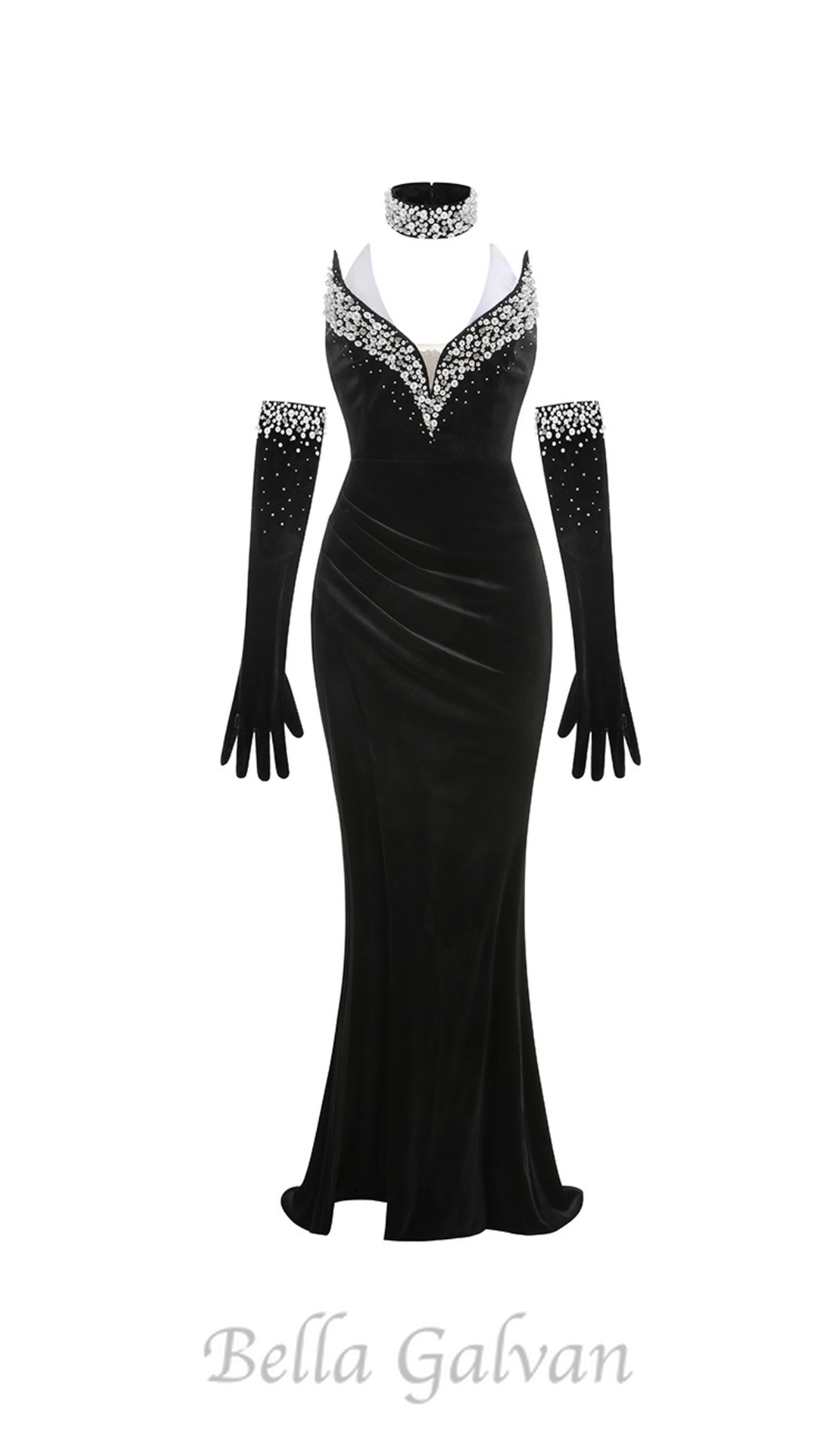 Flowering Girl Women embroidered with white pearls maxi dress in black